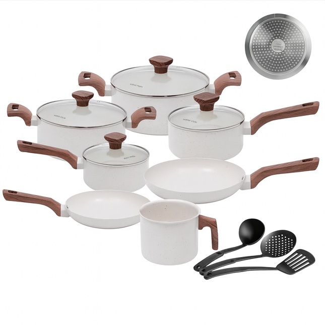 Conjunto Completo de 10 Piezas en Acero Inoxidable con Revestimiento de Cerámica y Mangos de Madera