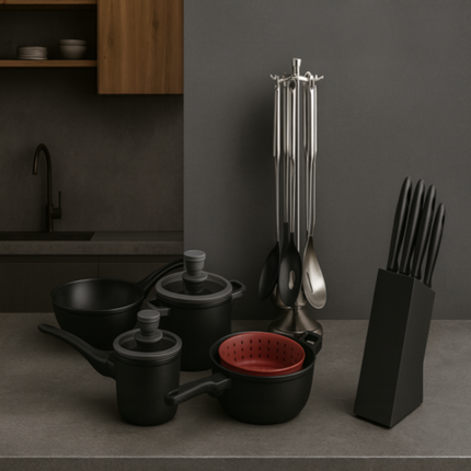 Conjunto Completo de Cocina con Triple Capa de Acero Inoxidable, Tapa de Vidrio y Tecnología Antiadherente